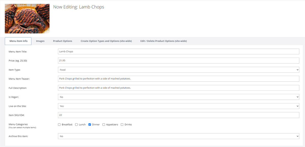 Edit the details of your menu items